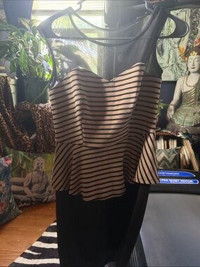 Enfocus Studio Black Sheer Yoke Striped Tan Peplum Midi Dress